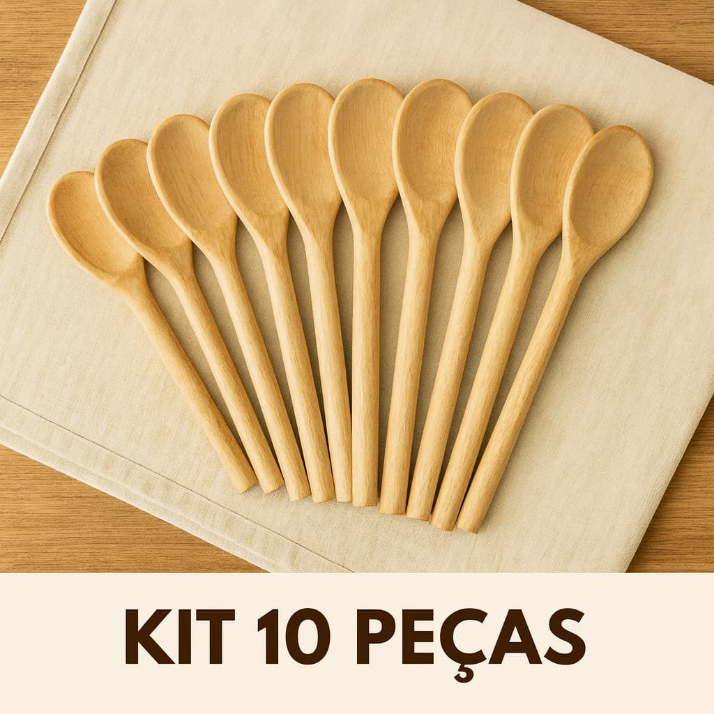 kit com 10 colheres de madeira em pinus para cozinha.