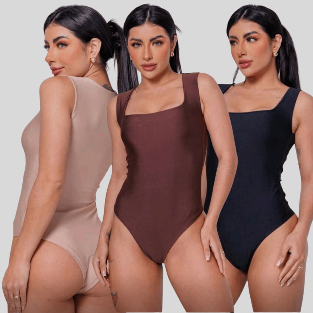KIT 3 Body Feminino Gola Quadrada Suplex Moda Verão Tendência 2026