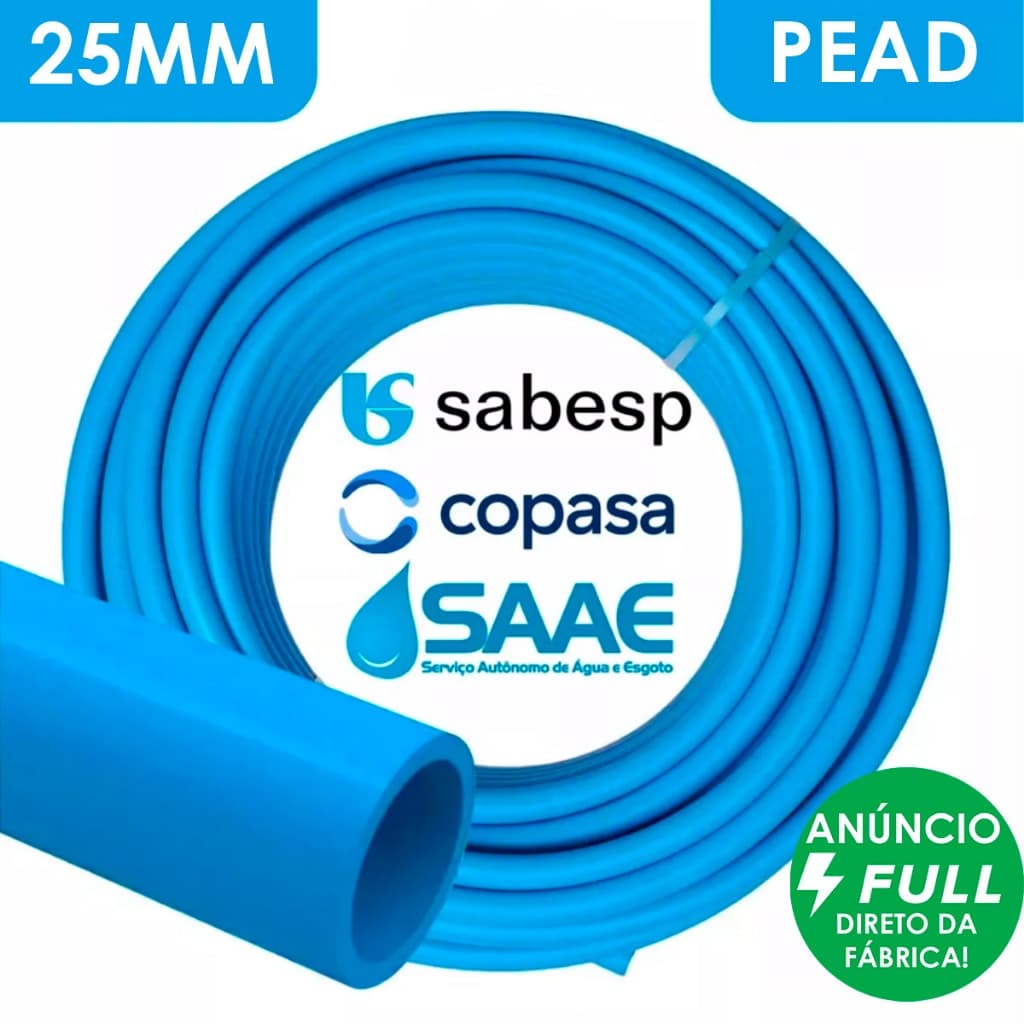 Tubo Mangueira Água / Esgoto PEAD 25mm Padrão Sabesp Copasa SAAE Saneamento Básico 50/100/150/200M