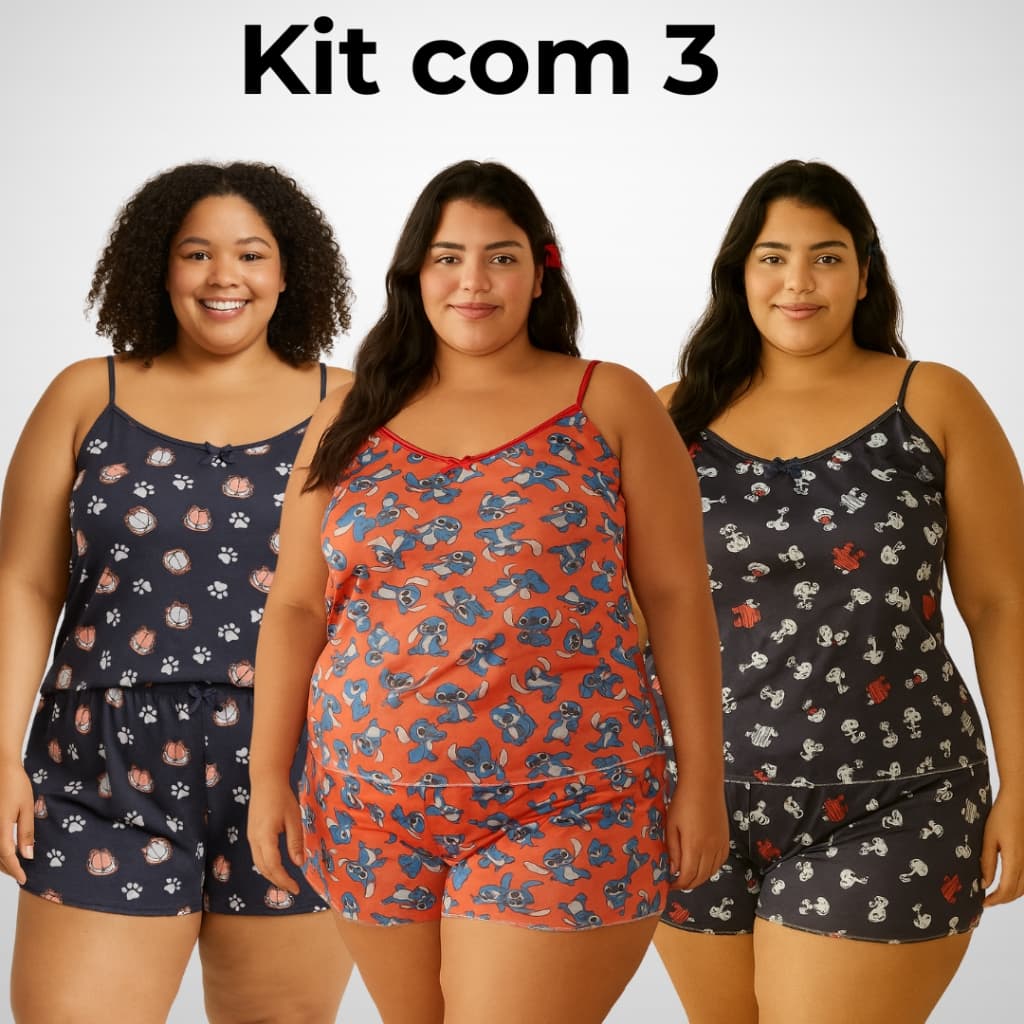 Pijamas Femininos Plus Size – Kit Short e Blusa Alcinha Malha Estampada | Tamanhos G1 ao G3