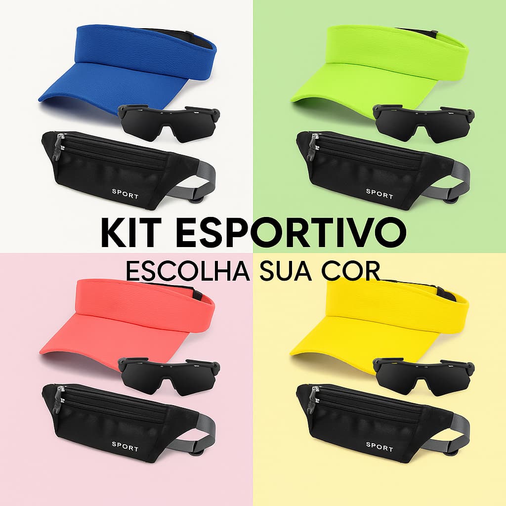Viseira Lisa Esportiva + Oculos de Corrida e Pochete Slim Impermeável Kit 3 Peças Esportivo
