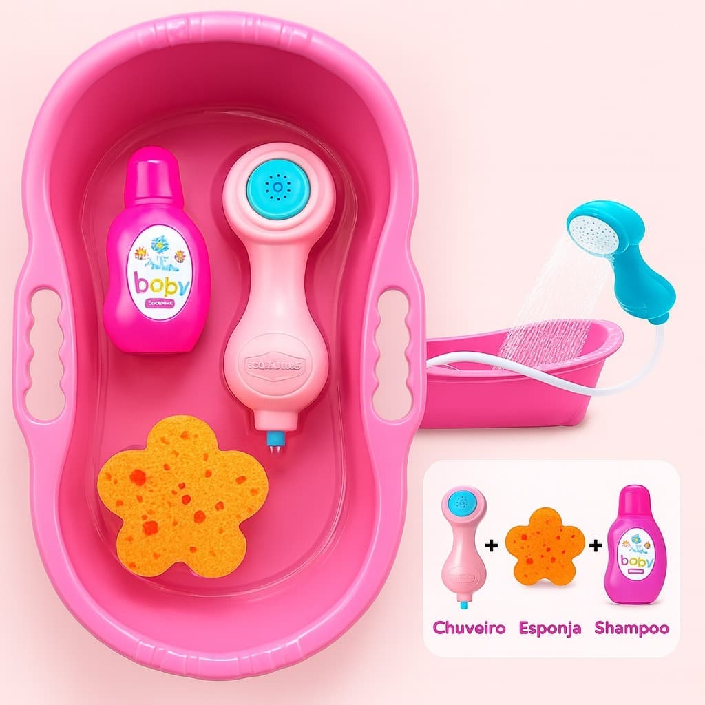 Brinquedo Banheira Para Boneca Kit Com Chuveirinho Que Sai Água + Shampoo + Esponja Rosa Menina