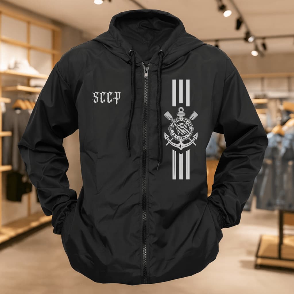 Casaco Corta Vento Timão Listrado Adulto E Infantil Jaqueta Impermeável Com Capuz E Zíper