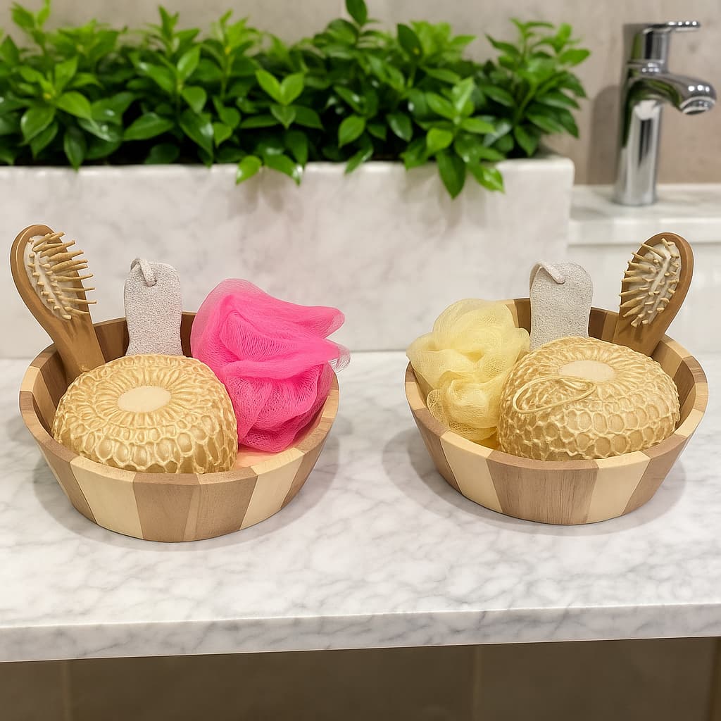 Kit de Banho com Esponja Bucha Lixa e Escova de Madeira Massageadora Presente Decoração Casa Banheiro Spa
