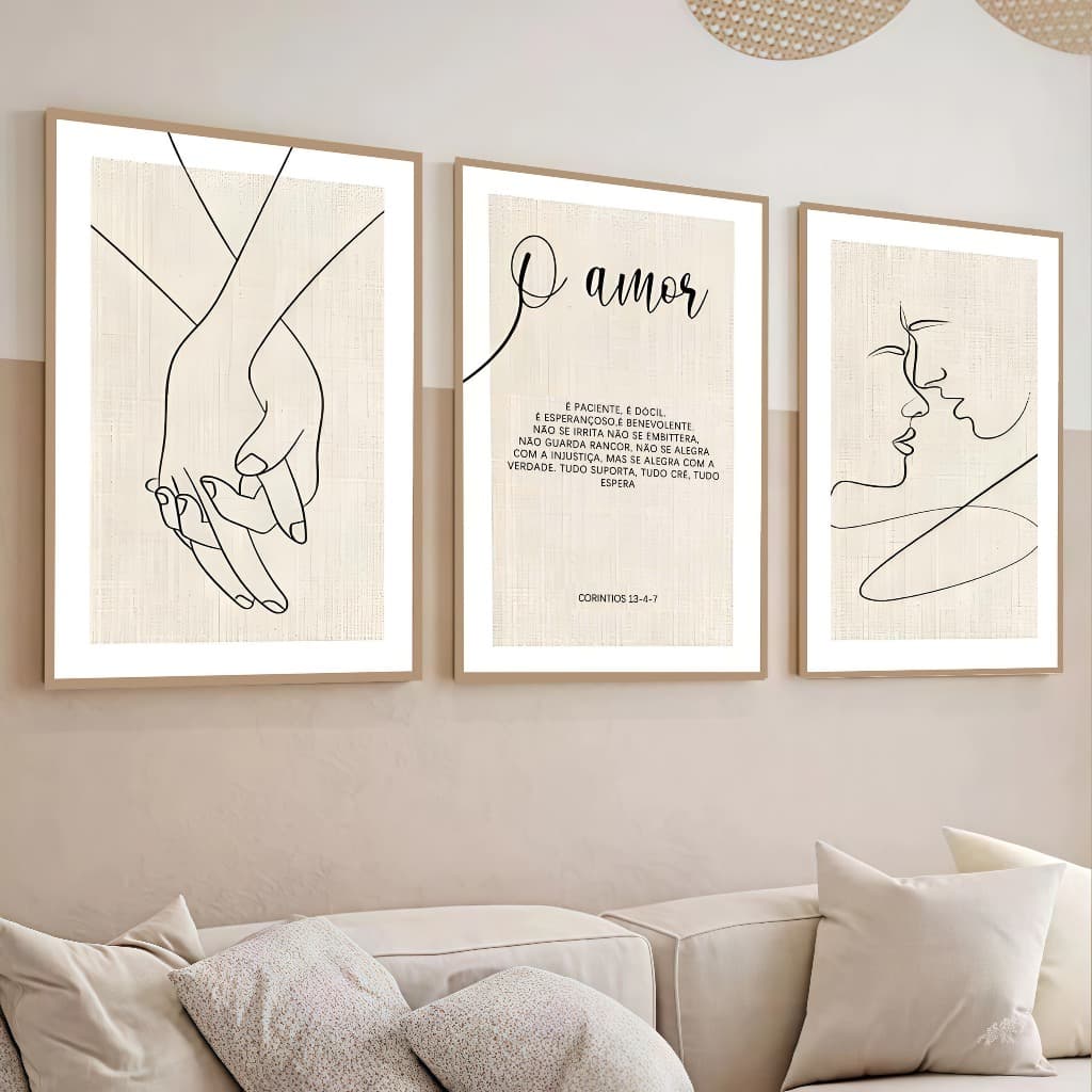 Kit 3 Quadros decorativo coríntios 13 4-7 sobre o amor biblico 40x60 sala quarto cozinha e escritorio decoraçao