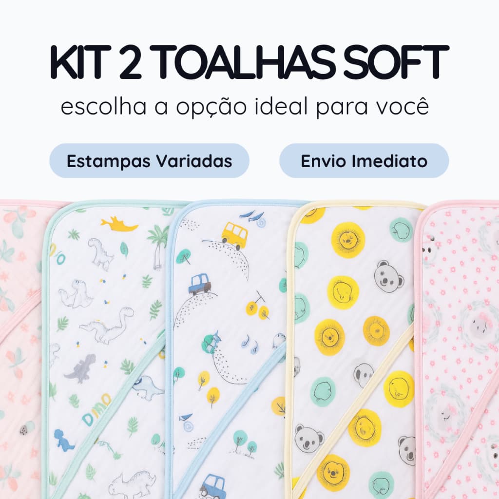 Kit Toalhas de Banho Bebê c/ Capuz SOFT Premium 80x80cm. 100% Algodão, Menino, Menina, Neutra
