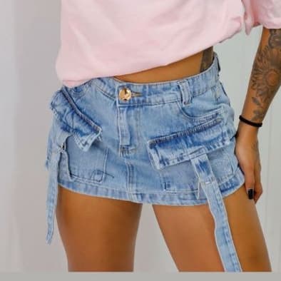 Shorts Saia Cargo Jeans Claro Feminino Moda Verão Azul Claro