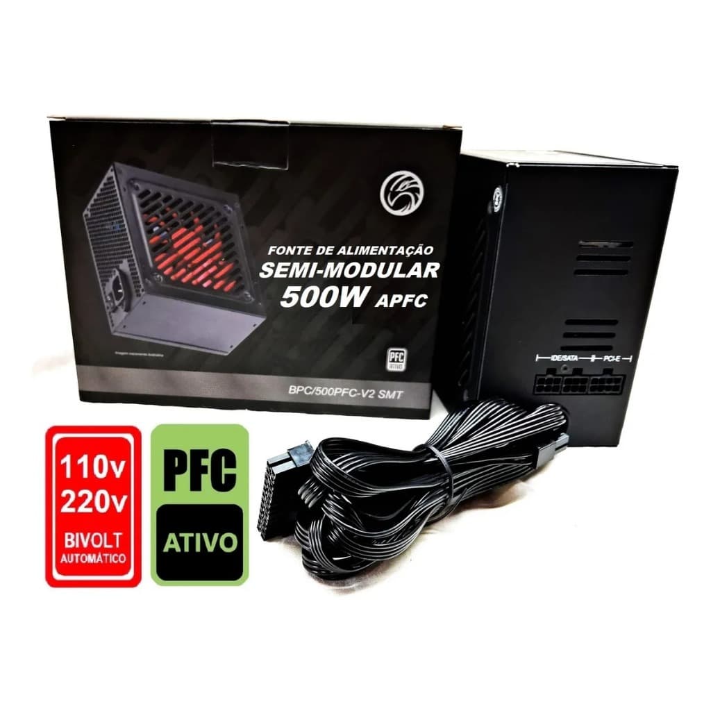 Fonte Gamer Semi Modular 500W PFC Ativo Cabos Flats CPU 4+4 PCI 6+2 Brazil PC 500W PFC Ativo Barato!