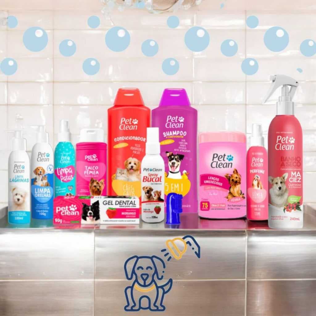 Kit Banho e Higiene Completa para Cachorro Cães e Gatos Fêmea - Novo Banho a Seco Pet Clean 12 itens