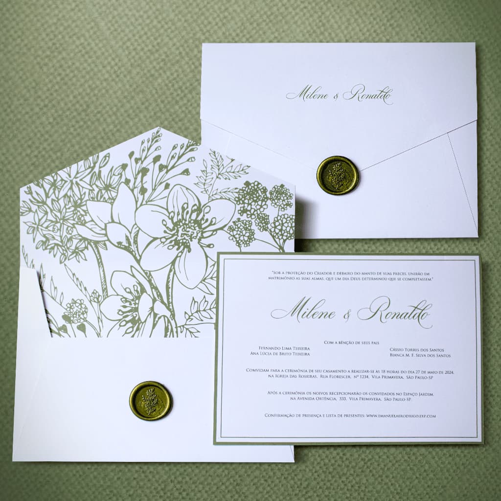 Convites de Casamento Personalizado com Envelope e Lacre de Cera - Sua arte ou diversas cores e estampas
