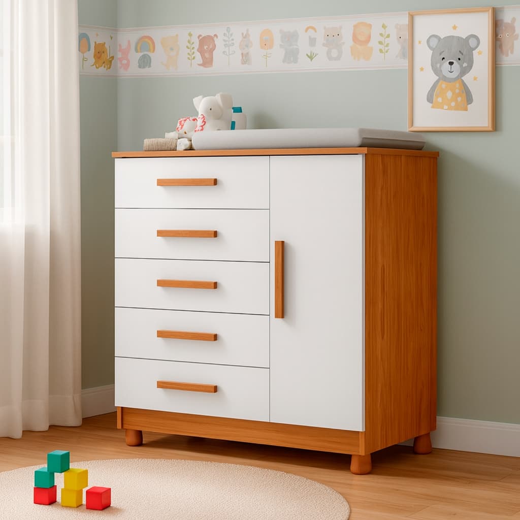 Cômoda para Quarto de Bebê Branco MDF com Trocador Incluso, 5 Gavetas e Porta com Prateleira Interna