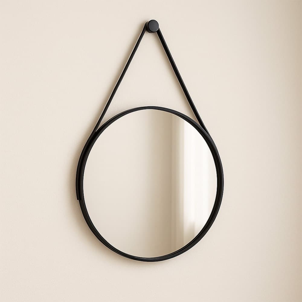 Espelho Redondo  40cm com Alça de Couro Ecológico e Suporte