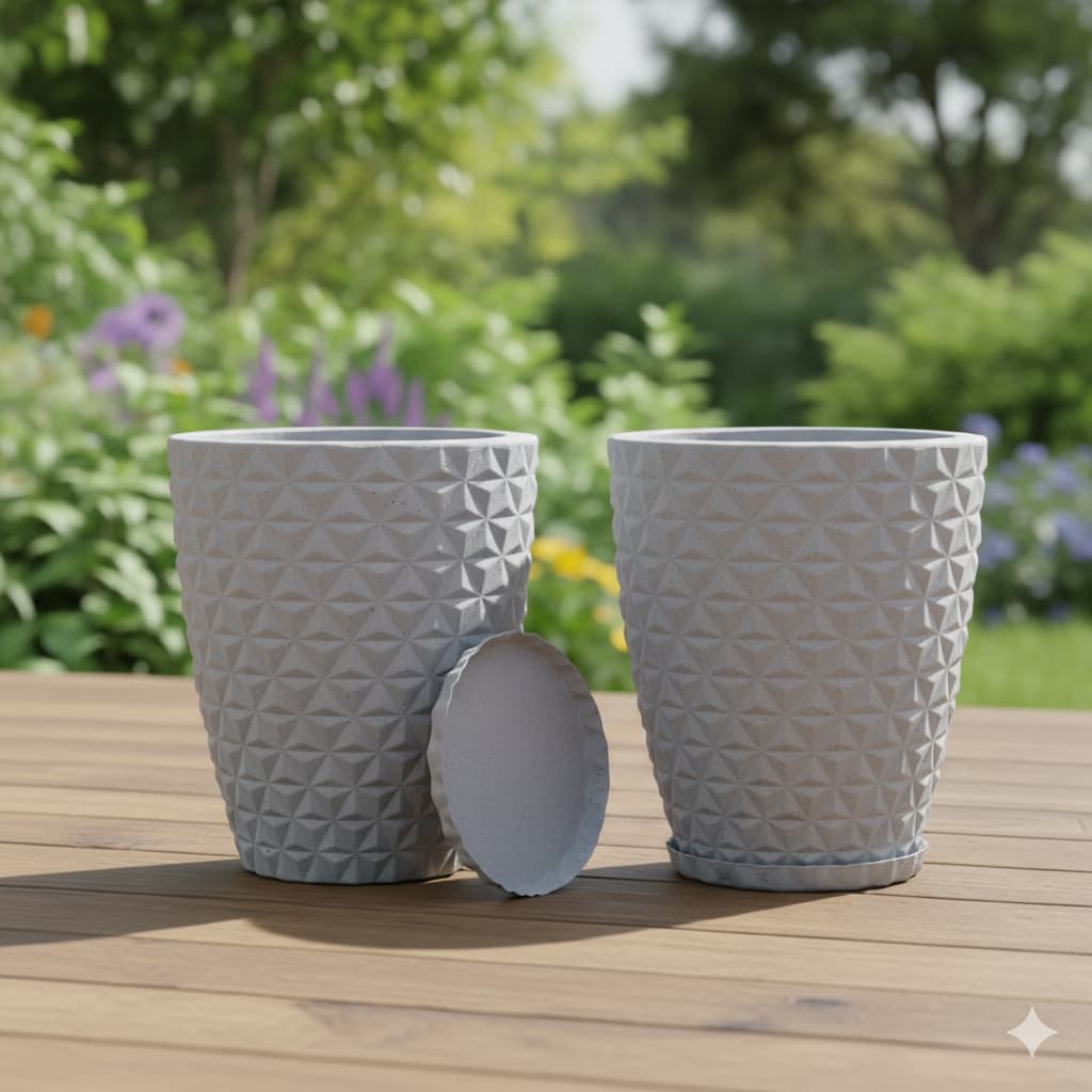 Kit 2 Vasos de Planta Grande Coluna Diamante G Decorativo em Polietileno 42cm + Pratos