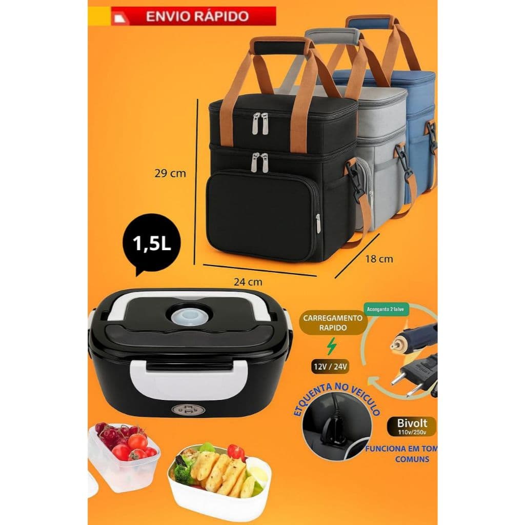 Marmita Elétrica Bivolt com 2 Cabos, Cabo Veicular e Cabo Tomada + Bolsa Térmica BIVOLT 110V/220V e 12V/24V