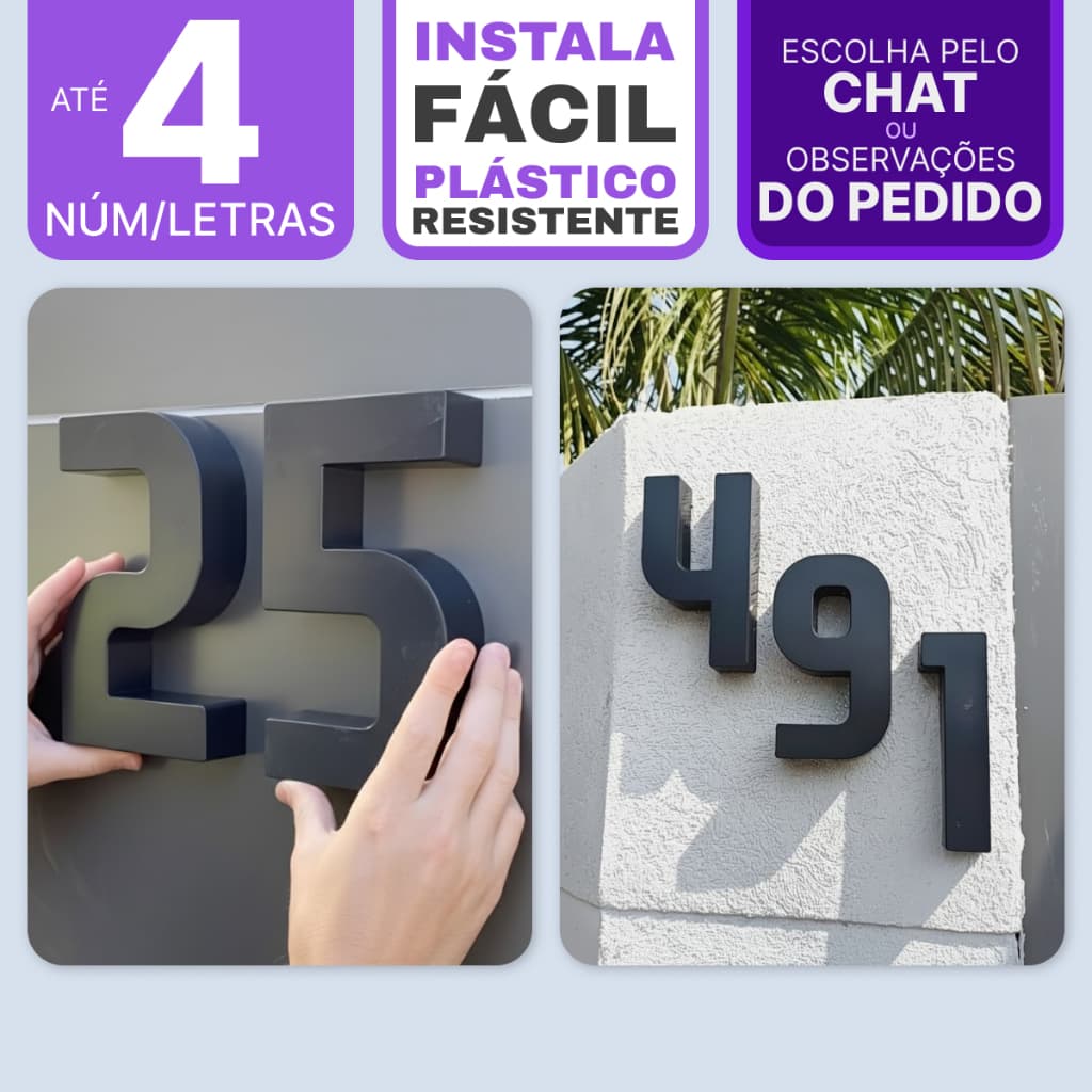 Números Residenciais Letras 3D Caixa Alta em Plástico Preto Cromado | Casa Comércio com 1 a 3 Uni Fachada Endereço