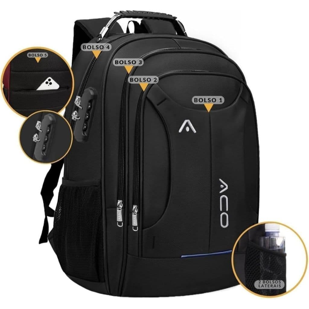 Mochila Notebook c/ Senha E Saida para USB/Fone de Ouvido Masculina/Feminina Unissex Impermeável ACO