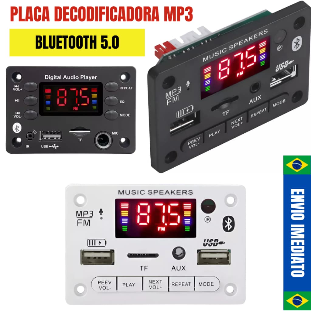 PLACA DECODIFICADORA MP3 PARA CAIXA ATIVA BLUETOOTH 5.0 USB AUX FM MICRO SD 12V | TROCA DE PASTAS