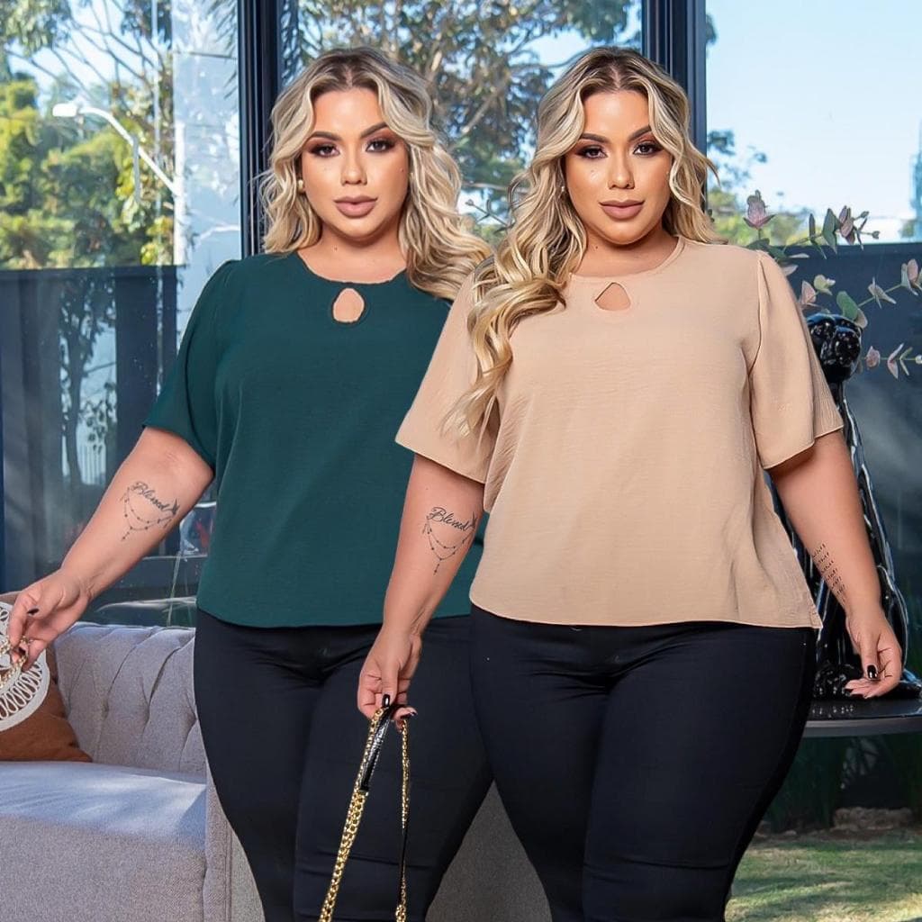 kit 2 Blusas variadas plus size feminina gola redonda com mangas soltinha dia- a- dia básica
