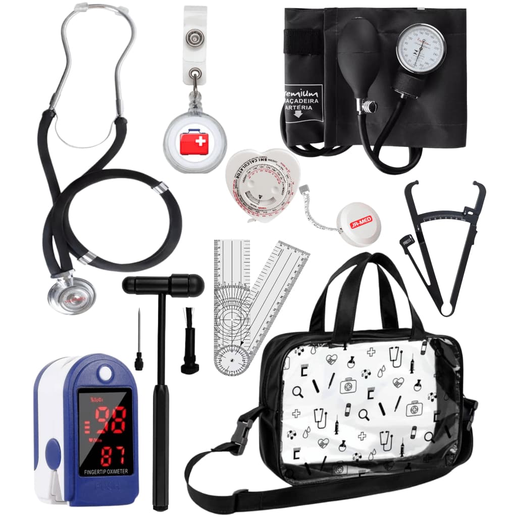Kit Fisioterapia Estetoscópio Esfigmomanometro Martelo Buck Goniômetro Adipômetro Trena Antropométrica