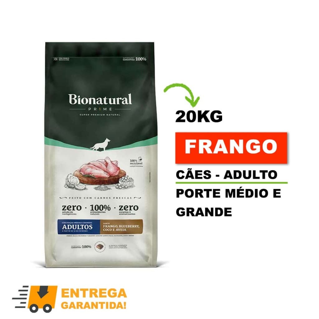 Ração Bionatural Prime Cães Adulto Raças Médias e Grandes E Gigantes Frango 20kg-Envio Rápido