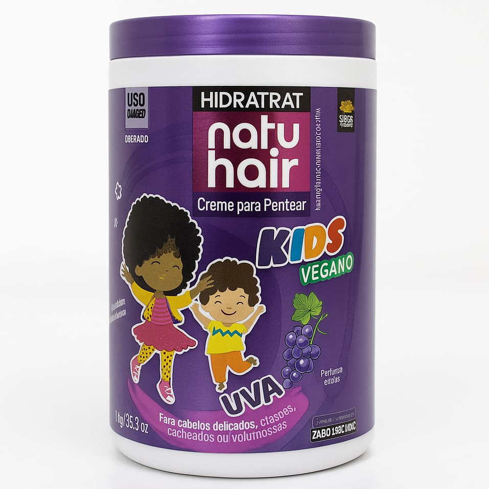 Creme para pentear Kids Uva Vegano NATUHAIR 1KG - Antifrizz Definição Volume Cachos Ondulados