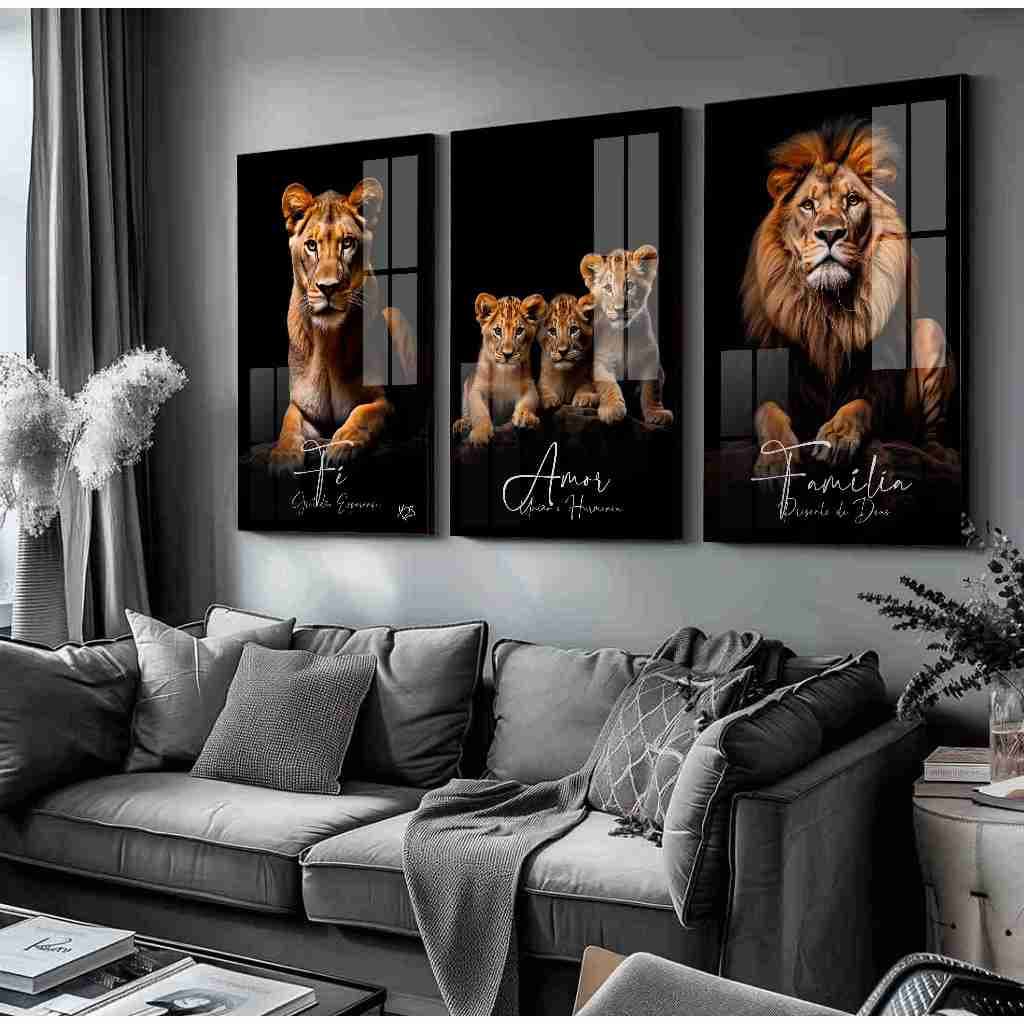 Quadros Decorativos Leão Leoa 3 Filhotes Rei Rainha Fé Amor Sala Quarto Religioso Tamanho Gg