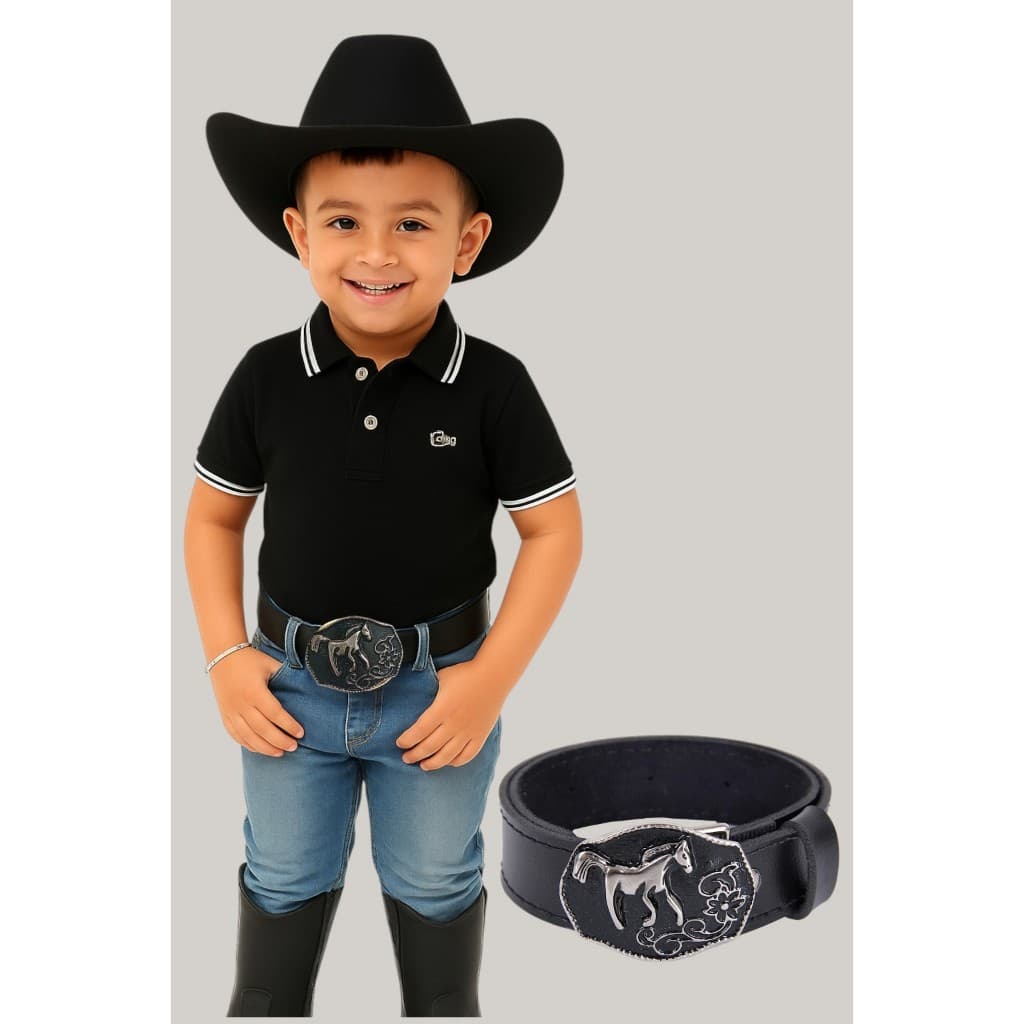 Cinto Infantil Estilo Cowboy Rodeio | Fivela Country Cavalo | Preto de 1 a 12 anos