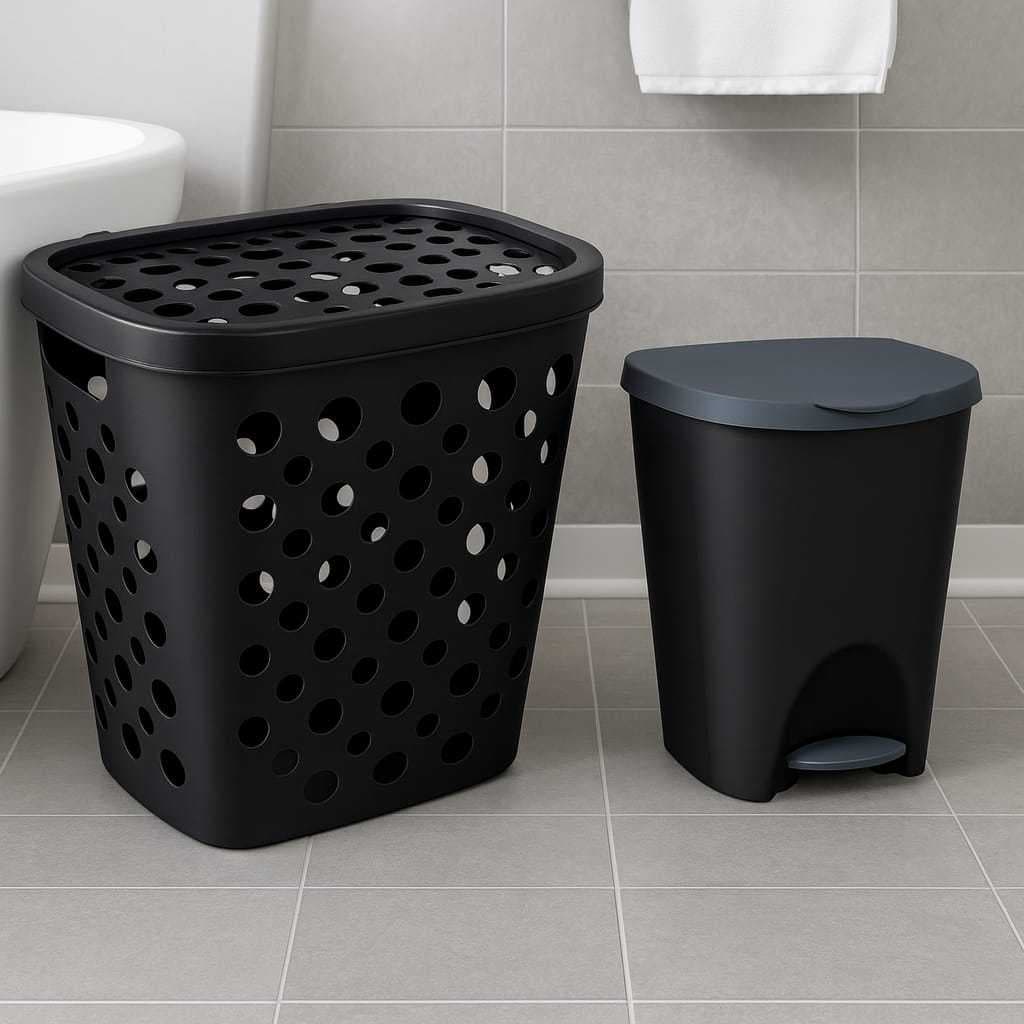 Kit Com Cesto Telado Com Tampa E Alça Para Roupas Sujas + Lixeira Premium 7,5 Litros Com Tampa Alça Banheiro Cozinha