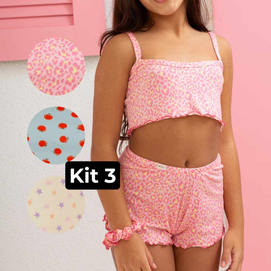 KIT 3 Short Doll Fru Fru Juvenil Suede Estampado de Alcinha Confort