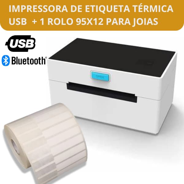 1 Impressora Térmica USB e Bluetooth CC460 ou CC431 + 1 Rolo De Etiqueta 95x12 Para Joias