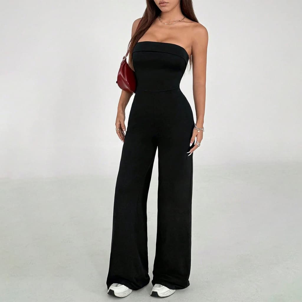 Macacão Longo Feminino Ombo A Ombro Tomara Que Caia Elegante Moda Casual 