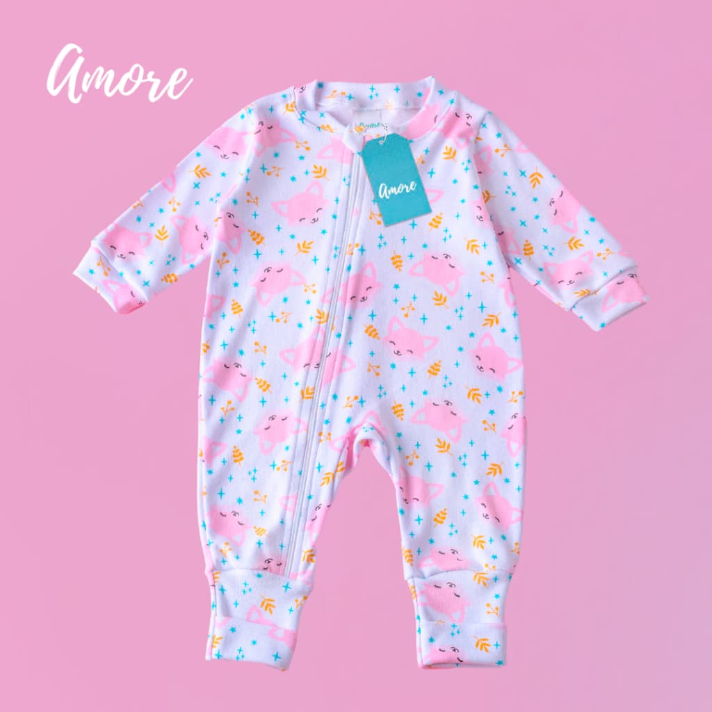 Macacão de Bebê Amore Vira Pé com Ziper Raposinha Rosa 100% Algodão