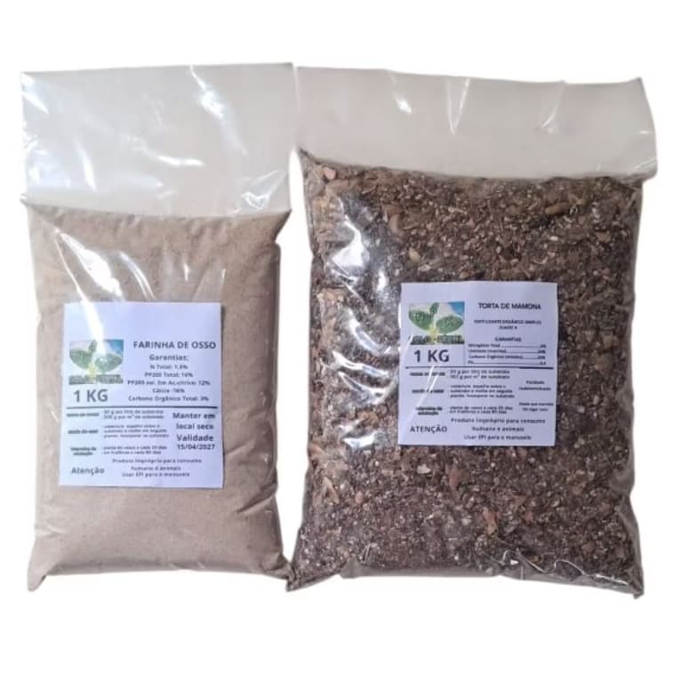 Kit farinha de osso CALCINADO para plantas + TORTA DE MAMONA ADUBO ARGÂNICO (1 kilo de cada)