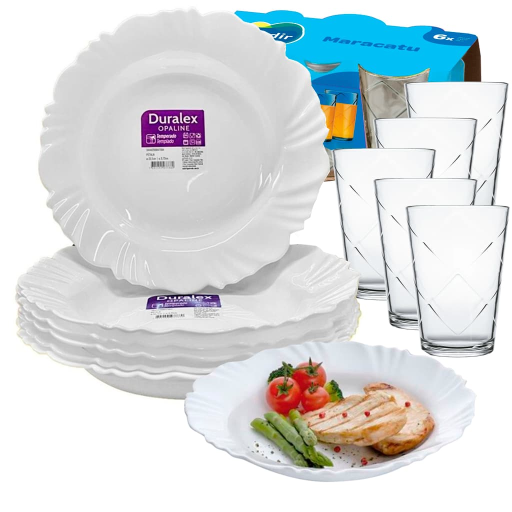 Jogo Kit 12 Pratos Duralex 6 Pétala Fundo Opaline 6 Copos Maracatu 280ml Jantar Buffet