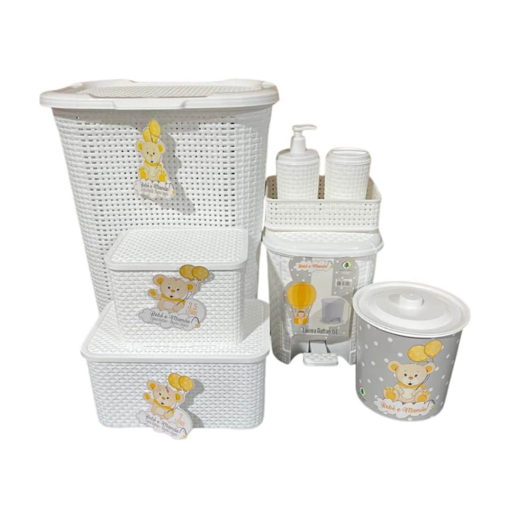 Kit Quarto para Bebê em Rattan:Cesto,Lixeira,Caixas Multiuso,Porta Algodão e Dispensador de Sabonete