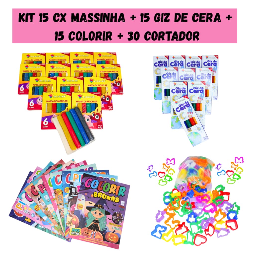 15 Massinha Modelar + 15 Giz de Cera + 15 Colorir + 30 Cortador p/ Kit Festa Lembrancinha Infantil
