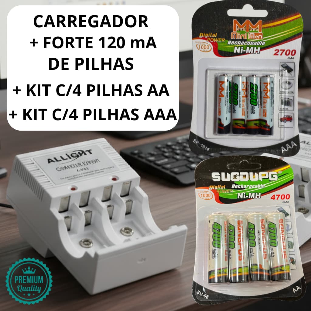 Kit Carregador De Pilhas AA/AAA/Bateria 9v Recarregáveis