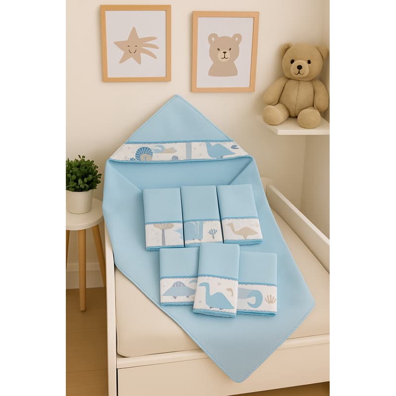 kit 7 Itens Para Bebê com Toalha de Banho Com Capuz  e 6 Toalhinhas De Boca Para Meninos e Meninas