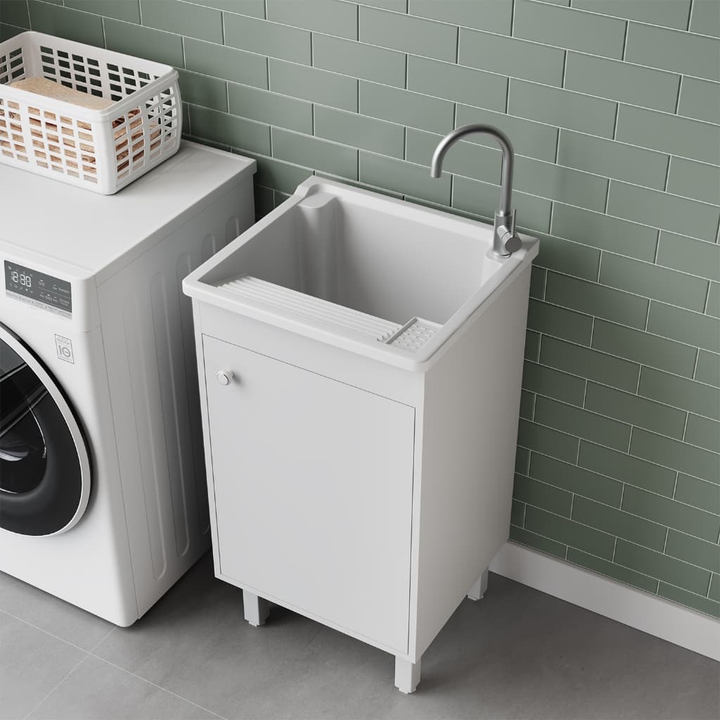Tanque Plástico Lavar Roupas Lavanderia 26L Gabinete MDF com Acesso Para Torneira Direita e Esquerda