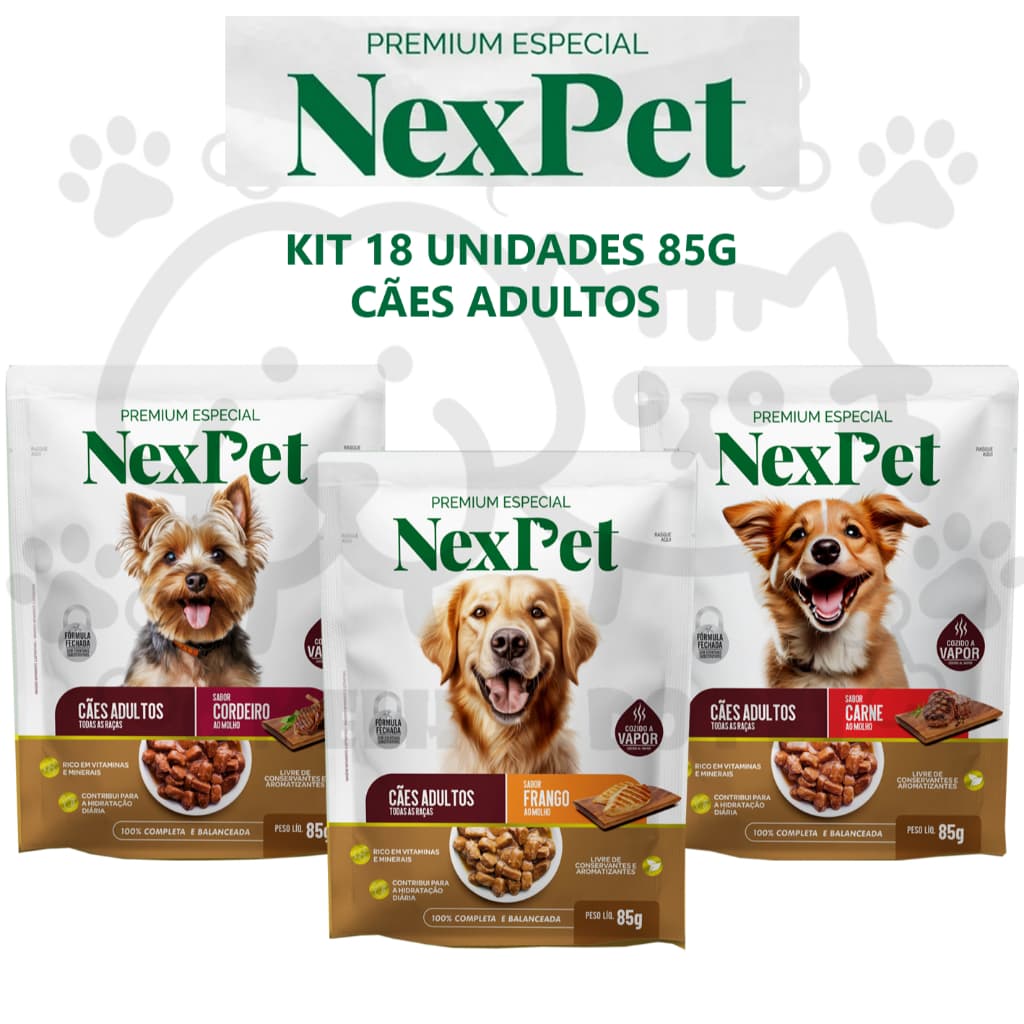 Sache Nexpet Ração úmida para Cães Adultos Caixa com 18un de 85g