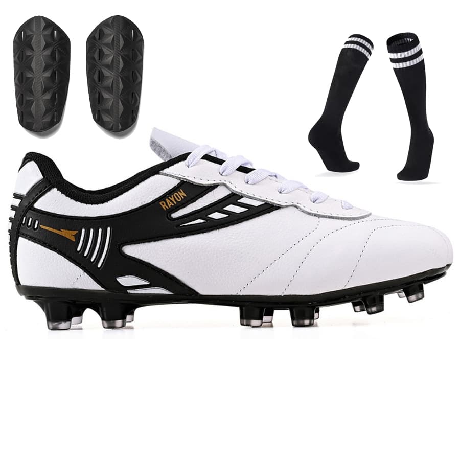 Chuteira Couro 100% Legitimo Campo Trava  Resistente Costurada Original R416-03 + Caneleira + Meião