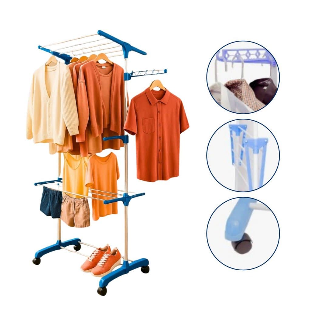 Varal De Chão Roupas Retrátil Dobrável 3 Andares 4 Rodas Aço Vertical Inox Grande De Pé
