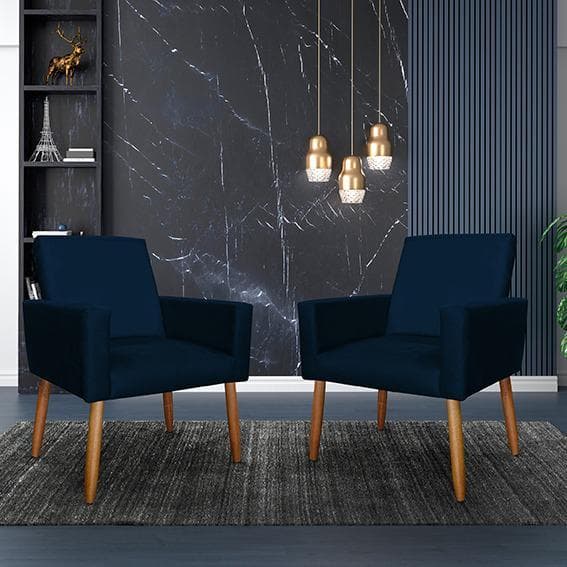 Kit 2 Poltronas Decorativa NINA  AZUL Pés Palito MARINHO