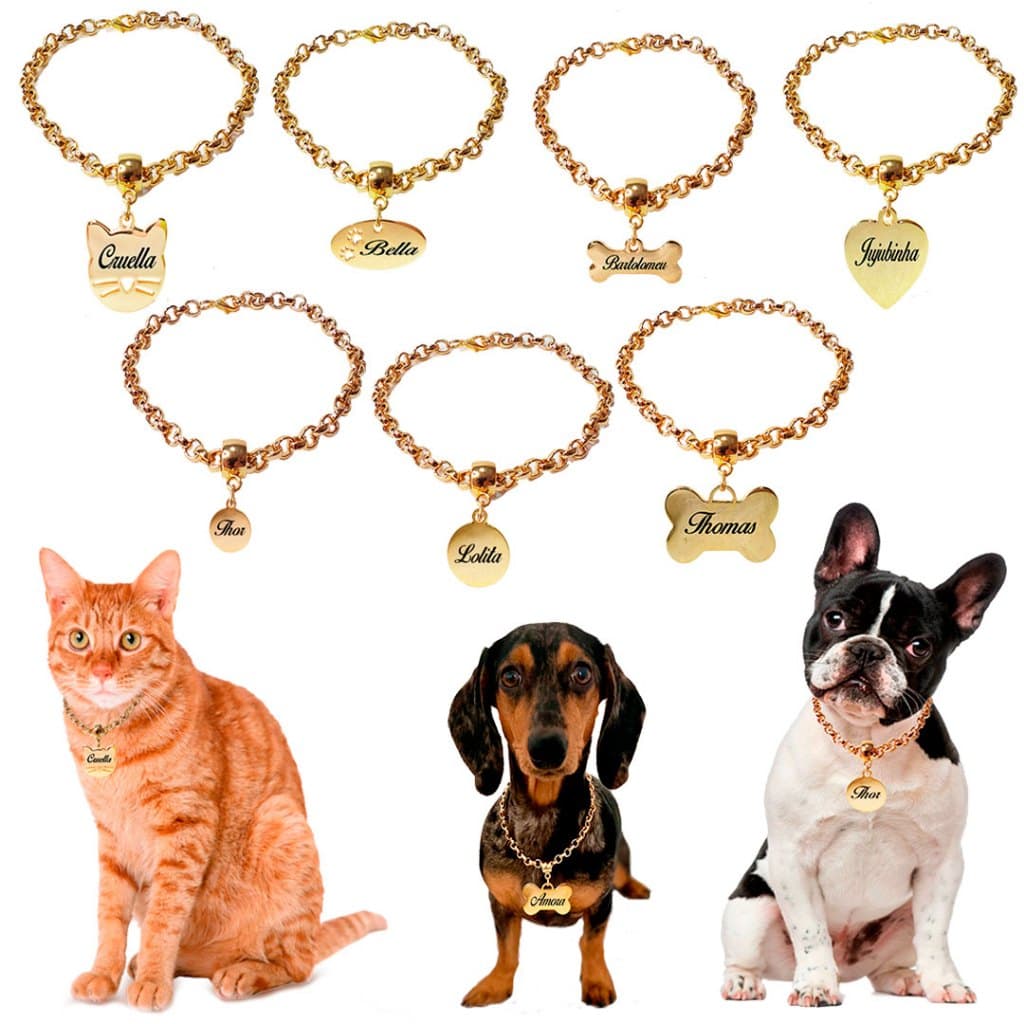 Coleira Identificação Corrente Placa Nome Telefone Gravado Laser Cachorro Gato Pet Personalizada