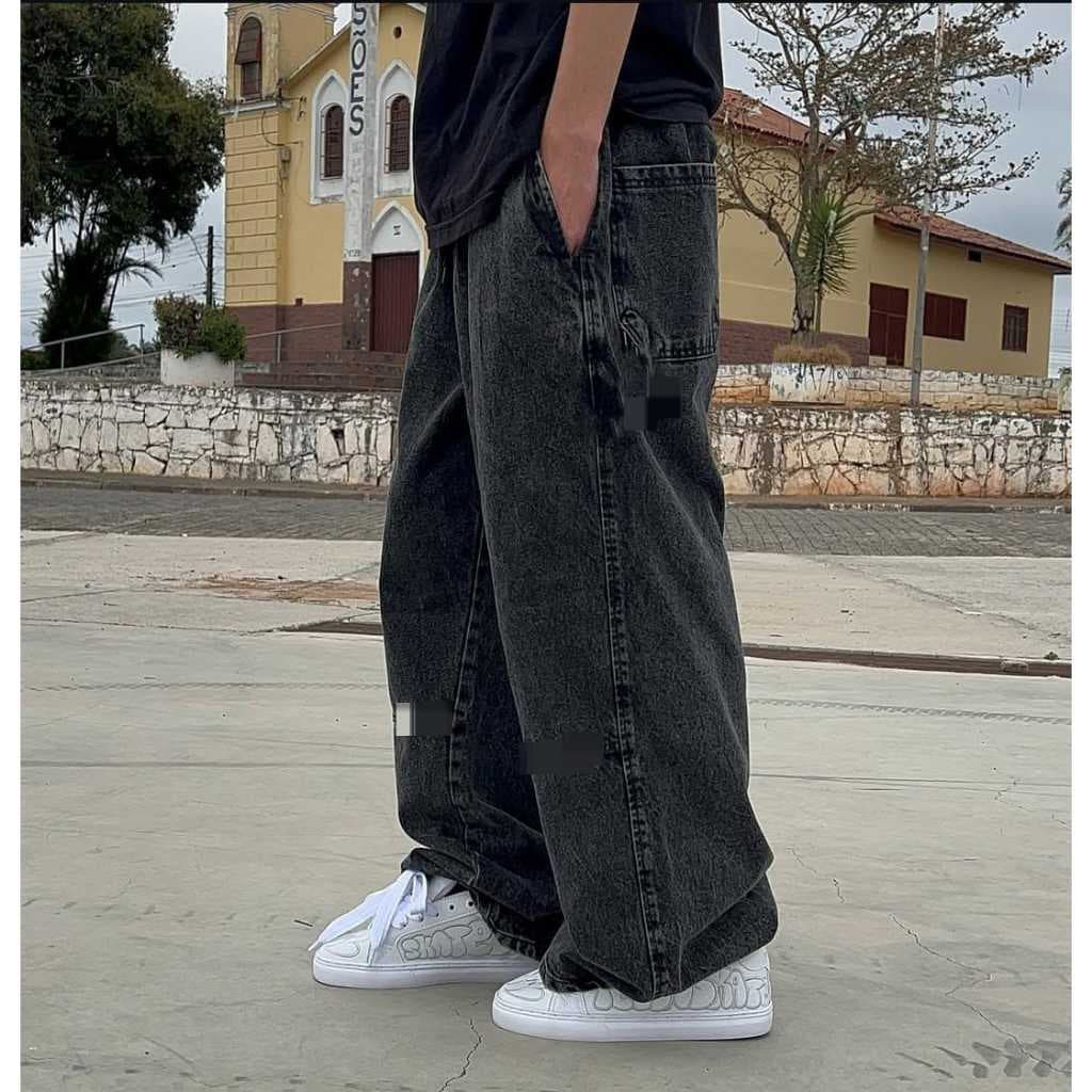 calça balão jeans baggy com ajuste na cintura