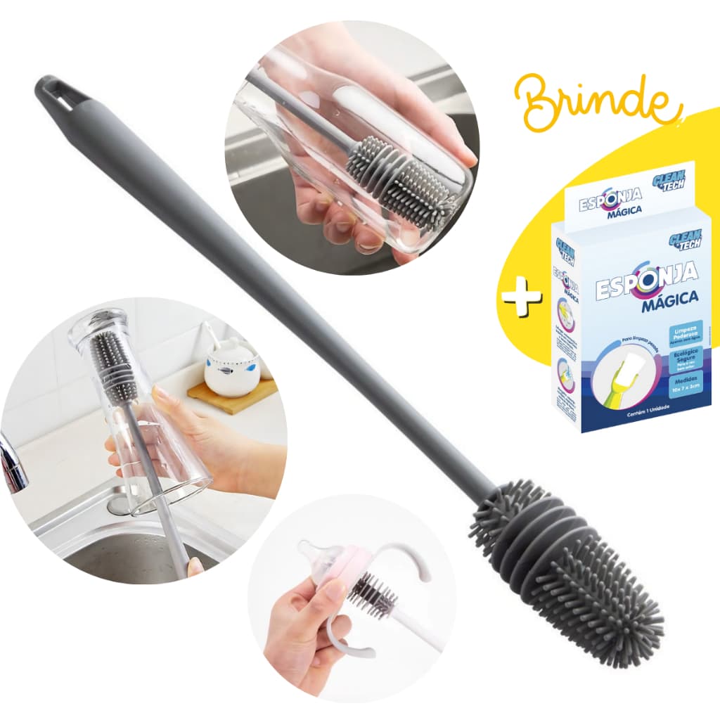 Escova Lava Garrafas Mamadeiras Limpa Copos Limpeza Multiuso Cerdas Silicone + BRINDE Esponja Mágica