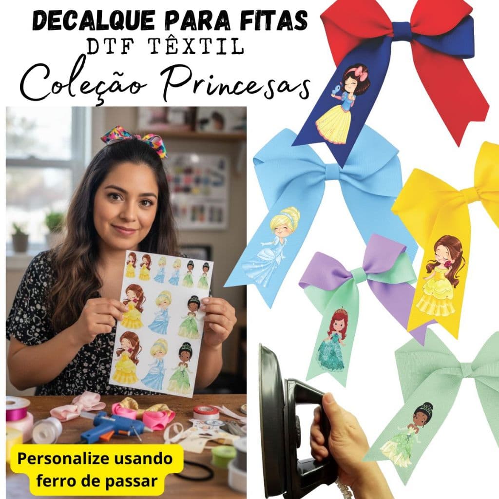 45 Princesas DTF para personalizar Laços - Aplique com ferro de passar laço cinderela bela
