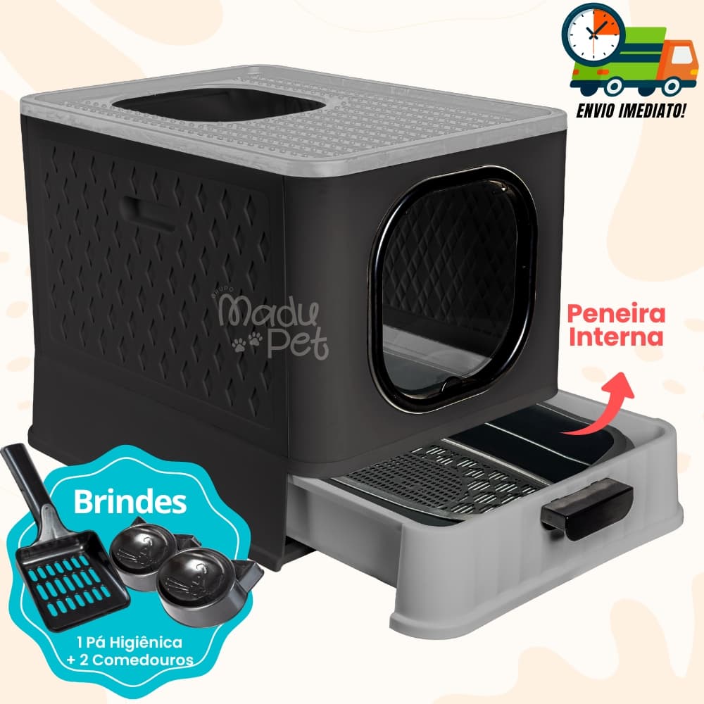 Caixa de Areia Fechada Para Gatos Luxo Com Peneira Interna Porta Transparente + Pá + 02 Comedouros