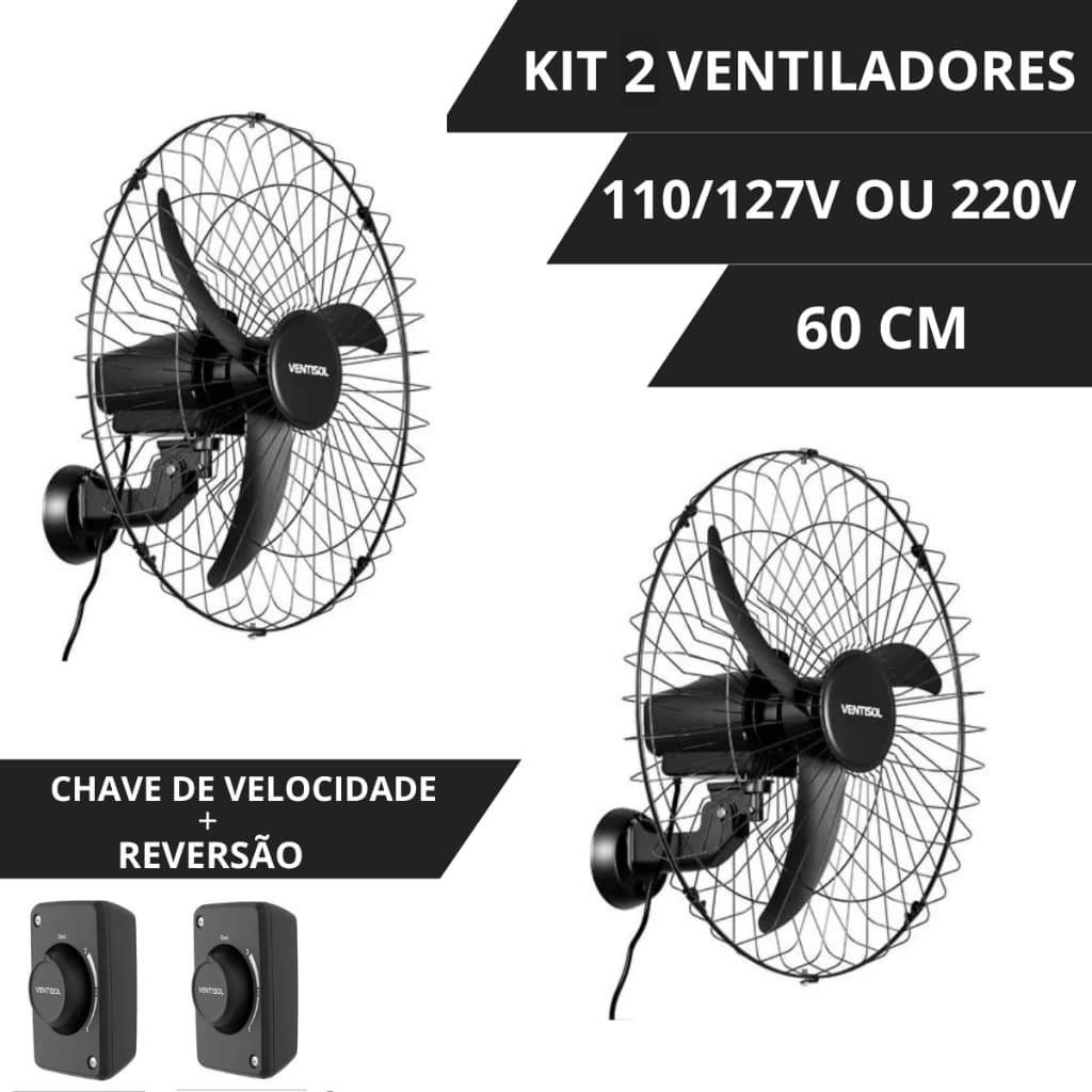 2 Ventiladores de Parede Ventisol 60cm Diâmetro Forte 3 Pás Igreja Salão Academia