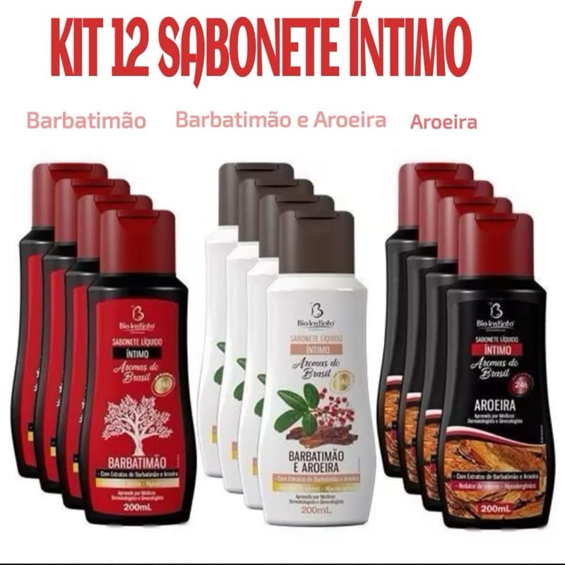 Kit 12 Sabonete Ínt. Bio Instinto 200ml-Barbatimão,Aroeira e Barbatimão e Aroeira-Higiene Íntima Natural e Refrescante